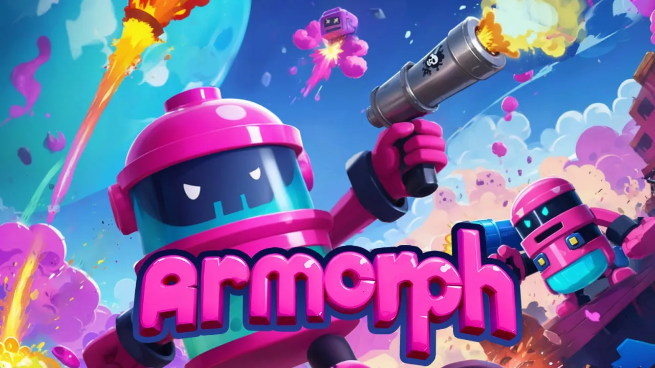 Armorph key art: a pink wind-up robot firing a cannon across a candy-coloured arena