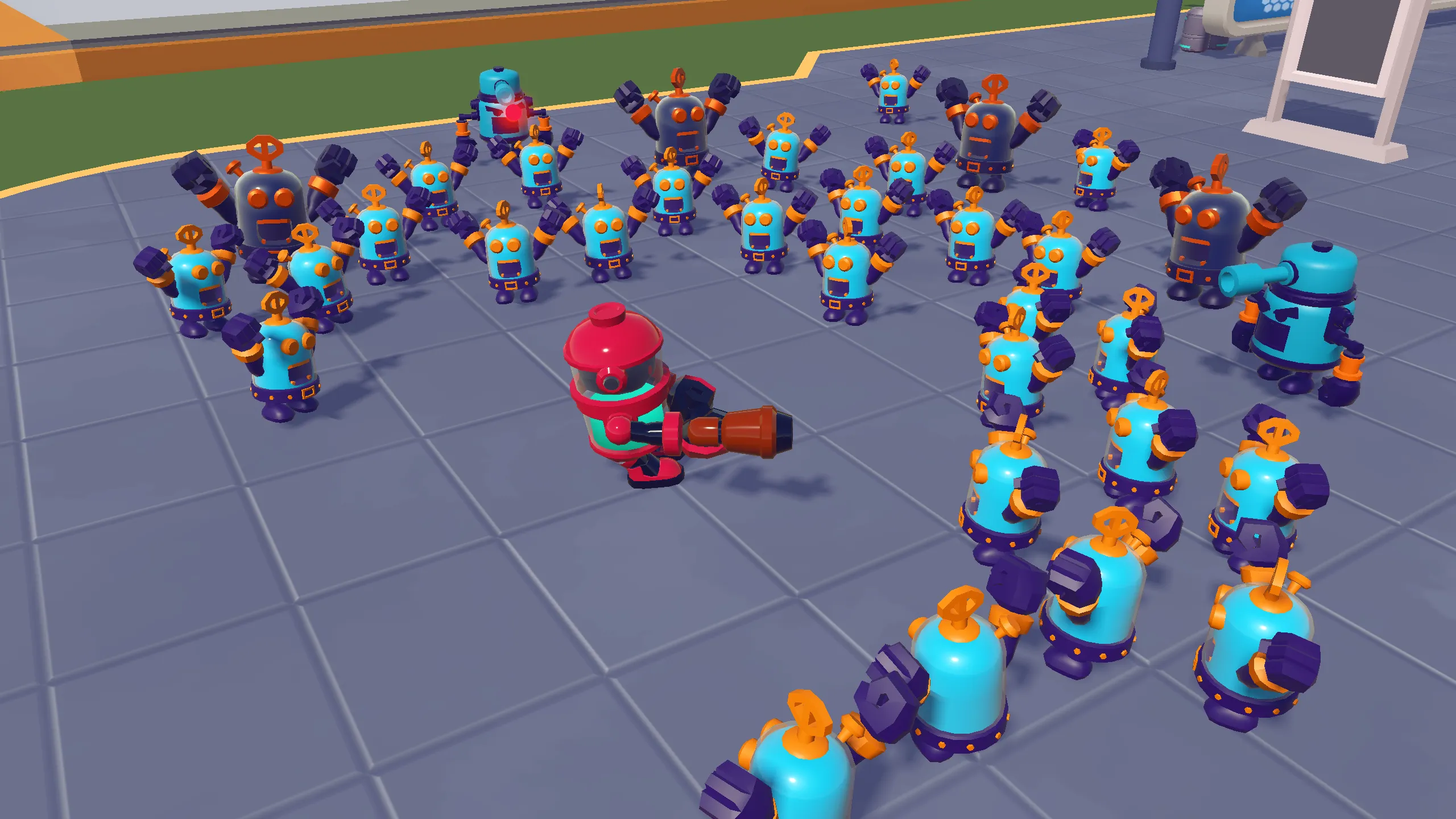 A wind-up robot facing a crowd of others across an arena floor