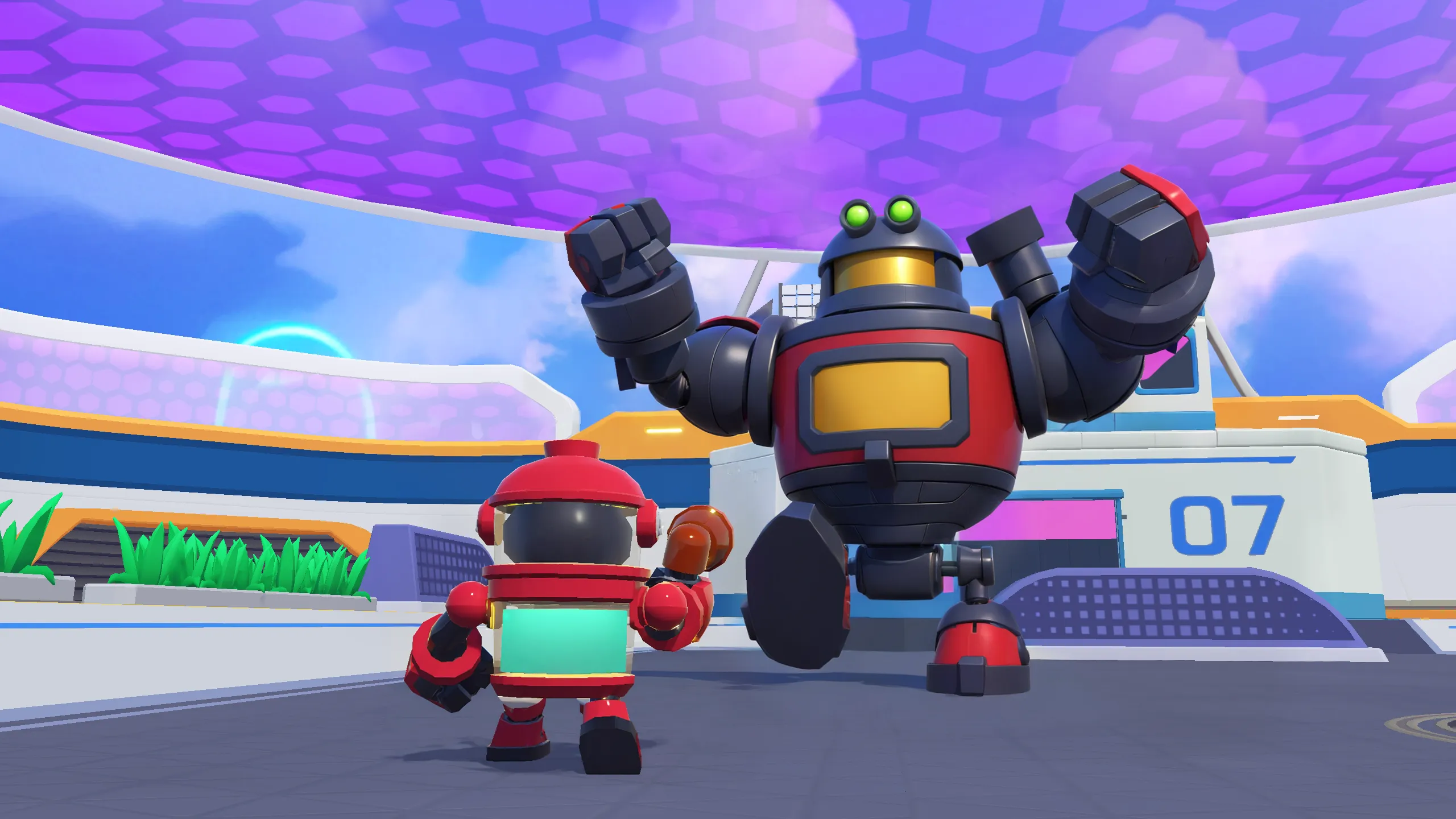 Two robots squaring up in front of the arena entrance