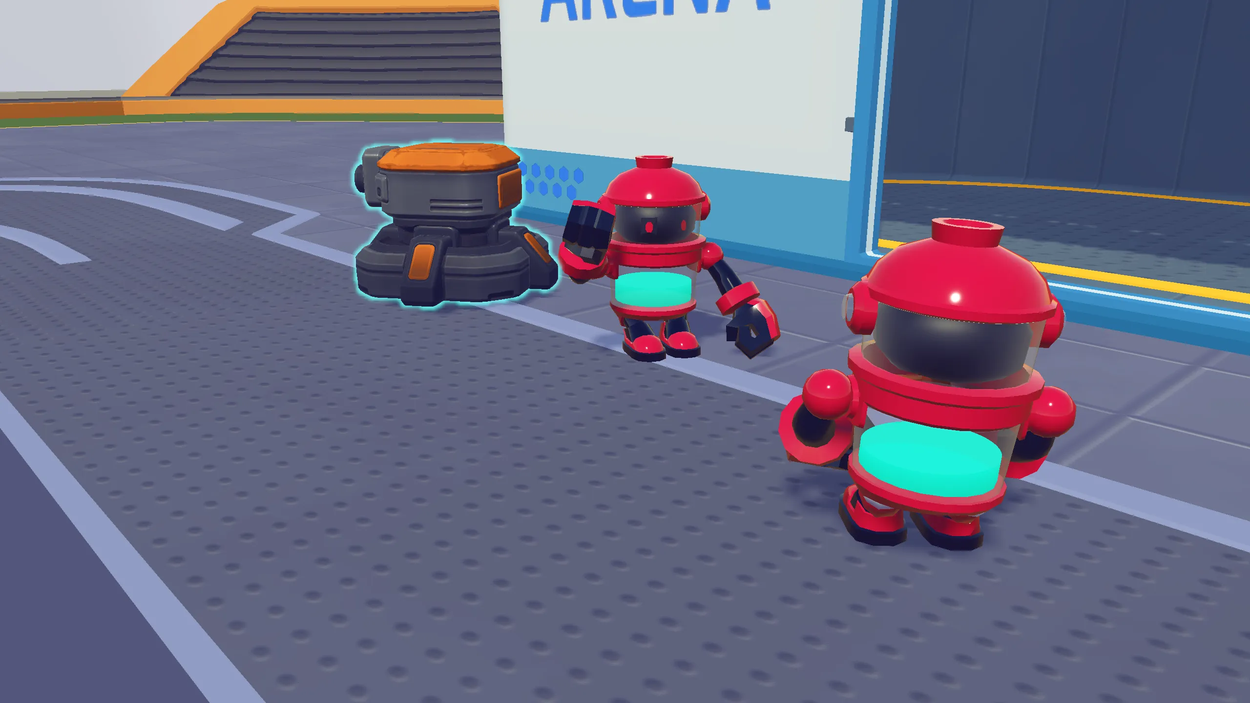 Robots advancing across the arena approach with a deployable in the road