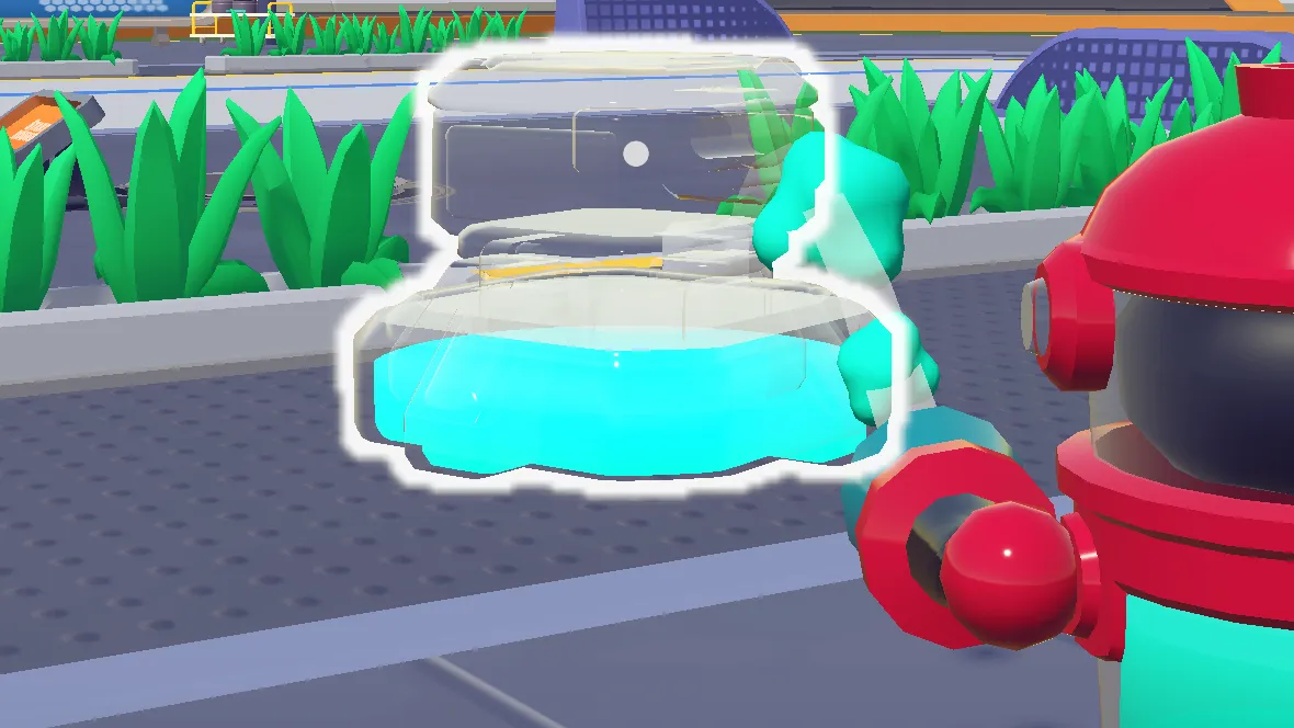 A glowing pool of coolant on the arena floor, with a robot approaching it