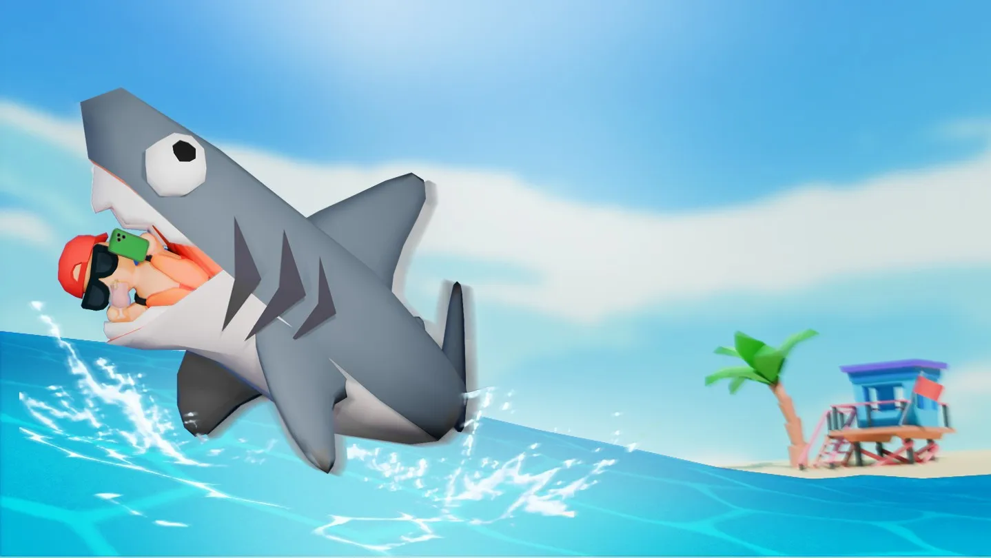 A shark leaping out of the sea with a lifeguard in its mouth, the lifeguard tower on the shore behind